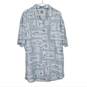 Marti Kat Men’s Casual Button Down Shirt, Grey White Short Sleeve Fish Shirt 2XL